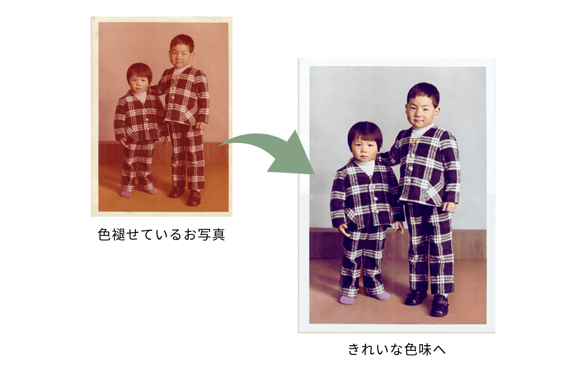 色褪せが進んだ兄弟の記念写真
色褪せ修復サービスで色味をきれいに再生した写真